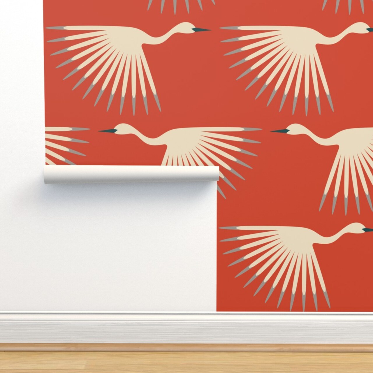 1920S Art Deco Swan Crane Bird Flock Migrate Fly Sunburst Fan Animal Air Formation Flight Orange Red Gray Cream Vermilion Long Neck Wings Custom Pre-pasted Wallpaper by Spoonflower Pre-Pasted Wallpaper 2FT Wide